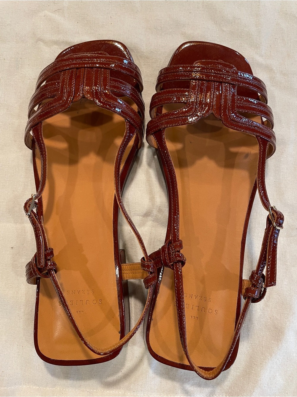 Sezane Patent Leather Strappy Sandals in Deep Wine